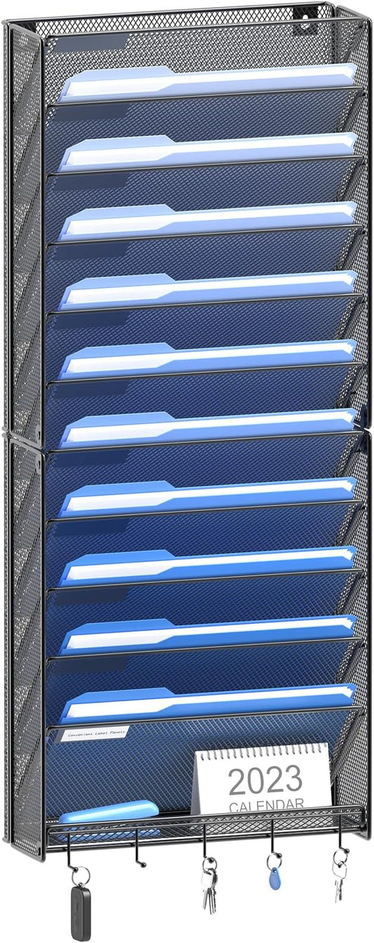 OUTWOLF Hanging Wall File Organizer with Hooks, 12 Tier Vertical Wall Mount File Holder, File Folder Wall Organizer for Office by OUTWOLF