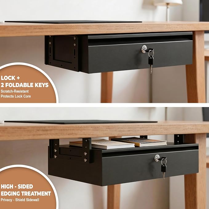 POPMOON 16in Under Desk Drawer with Lock Pull Out Storage Organizer | Carbon steel under desk drawer with lock,smooth slide rails, adjustable mounting height, supports up to 33 lb - Image 5