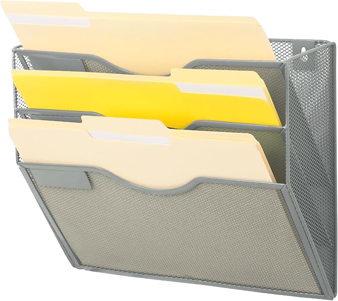 3 Pocket Mesh Hanging Wall File Organizer, Wall Mounted Mail Paper Document Folder Holder, Clipboard Storage Organization Magazine Rack with Nametag Label for Office Home School, Gray by EASEPRES