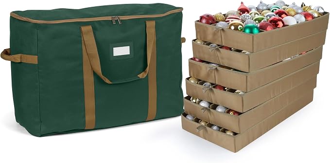 Covermates Keepsakes Adjustable Ornament Storage Bag – Heavy-Duty Polyester, Padded Dividers & FlexGrid Trays – Protective Holiday Ornament Organizer with Handles & Label Window, Green by Covermates