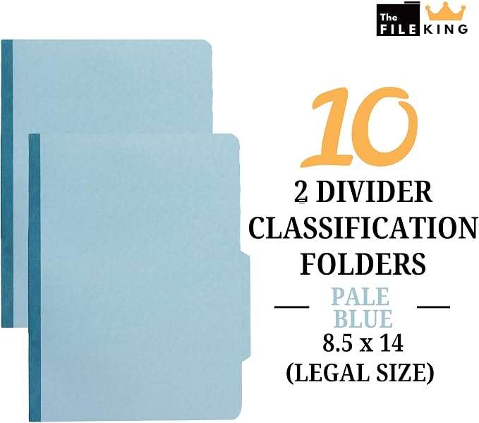 The File King Pressboard Classification Pale Blue Partition File Folder | Legal Size - Box of 10 | Two Dividers | Six 2” Durable Fastener Prongs | 2/5 Cut Top Tab | 2” Expansion - Image 2