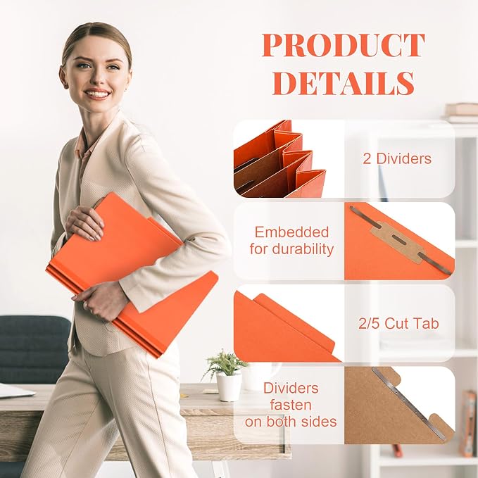 Skyygemm 24 Pcs Classification Folders Letter Size Bulk - 2 Dividers Pressboard File Folder with 3. 5 Inch Expansion, 2 Prongs Fastener, Heavy Duty Office File Organizer for Teacher Medical (Orange) - Image 3