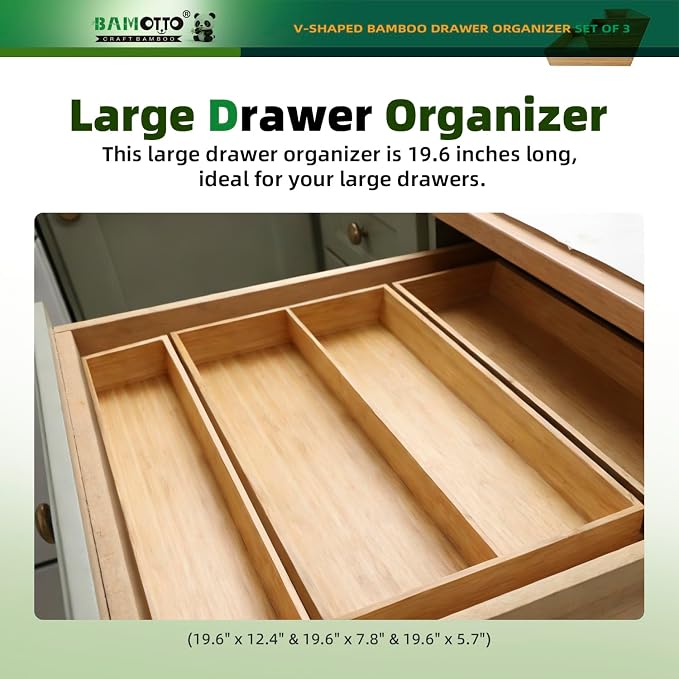 BAMOTTO CRAFTBAMBOO Large Long V-Shaped Bamboo Drawer Organizer Set of 3 | Silverware & Cutlery Tray | Flatware & Utensil | Kitchen & Bathroom | 19.6"×5.7" & 19.6"×7.8" & 19.6"×12.4" - Image 4