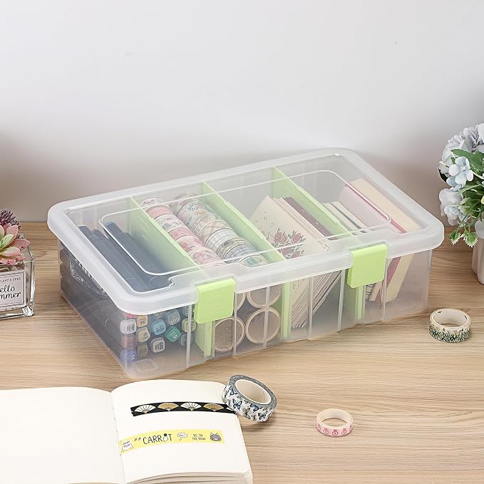BTSKY Clear Plastic Dividing Storage Box with 4 Compartments Sewing Box | 13.3x8.1x3.4 Inches Adjustable Storage Bin with Lid Plastic Craft Storage Container Multipurpose Art Supply Organizer Green - Image 2
