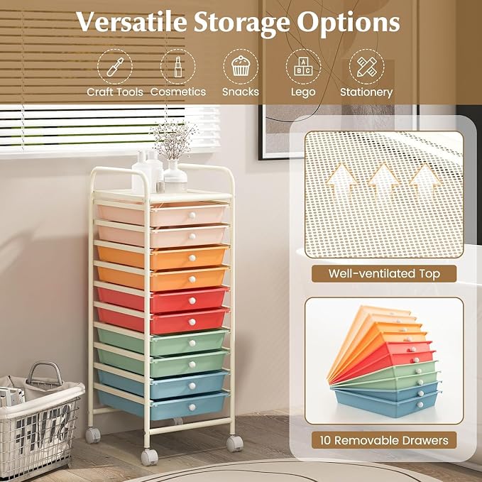 Storage Cart, Rolling Utility Cart with 10 Drawers, Portable Handles & Lockable Wheels, Mobile Paper Toys Storage Organizer Large Capacity for Home Office School Teacher (Macaron) - Image 7
