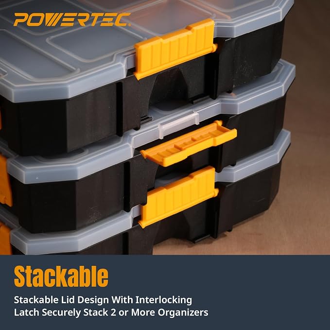 POWERTEC Stackable Tool Box Organizer with Removable Dividers - 17 Compartments, Interlocking, Portable Design (72118) - Image 4