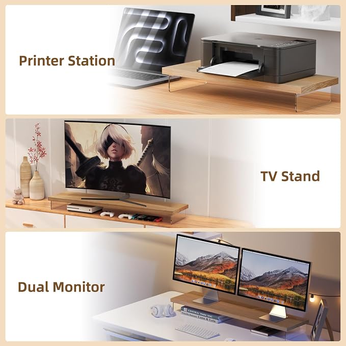 Dual Monitor Stand Riser, 40x10 in Wood & Acrylic Desktop Organizer Shelf | Computer Monitor Stand Riser With Wood & Acrylic Design; Fits 2 Monitors, Laptop, Printer And Desk Supplies For Office Use. - Image 6