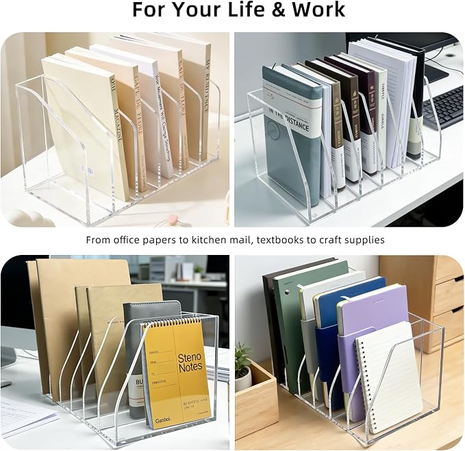 Clear Acrylic Magazine File Holder, 6 Compartment Desk Organizer | 6 spacious vertical compartments hold magazines, files, books & more. 5mm thick clear acrylic, non-slip base. No assembly. - Image 8
