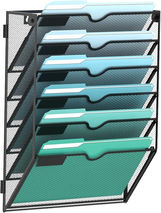 6-Tier Wall File Organizer, Hanging File Holder, Wall Mounted Mail Sorter | Metal Mesh Hanging File Organizer with Open Compartments and Label Panels for Papers and Folders at Home, Office or School by SUPEASY