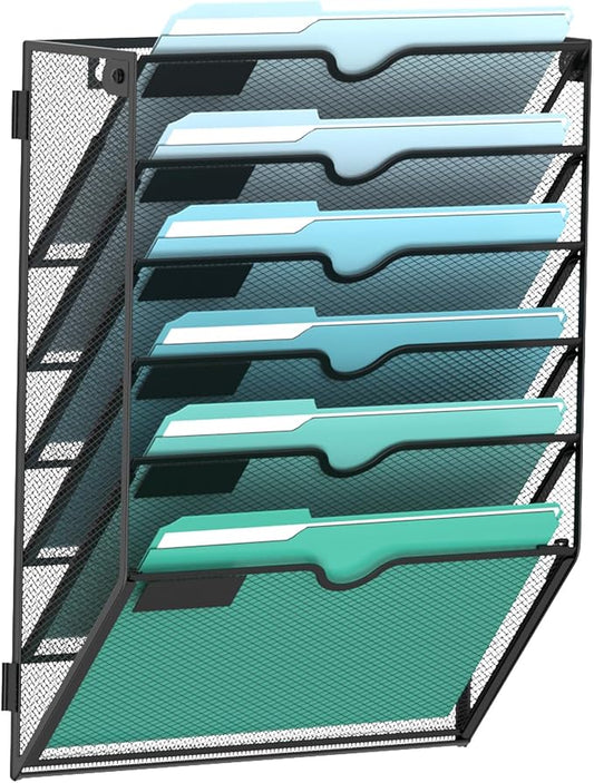 6-Tier Wall File Organizer, Hanging File Holder, Wall Mounted Mail Sorter | Metal Mesh Hanging File Organizer with Open Compartments and Label Panels for Papers and Folders at Home, Office or School by SUPEASY