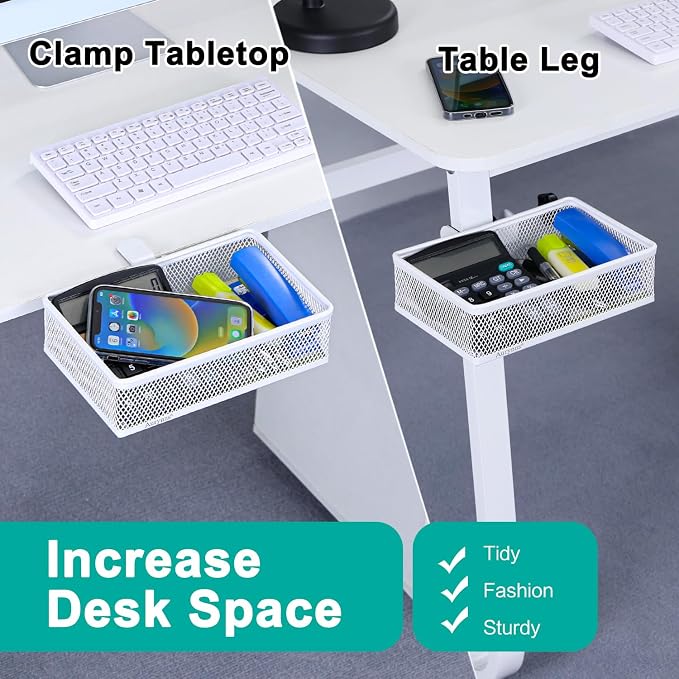 Under Desk Drawer, Clamp on Desk Organizer Under Table Hanging Desk Storage | 2 ways to clamp on: desk side or leg. Under desk organizer, clamp on desk drawer, basket hanging under table shelf, no-drill - Image 2