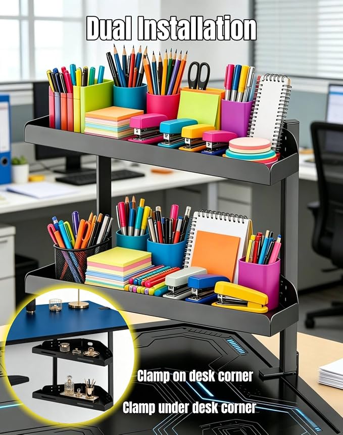 Yuxh Desk Clamp Corner Shelf 16 Inch, Black | Space-saving, clip on or under corner shelf for panel tabletop, office, study room & gaming setup, easy drill-free assembly - Image 4