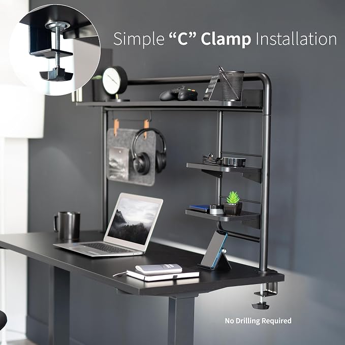 VIVO Black Clamp-on 50 inch Desktop Shelving System, DESK-SHELF55A | Raised Accessory Storage Shelves, Magnetic Memo Board Desk Organizer, Shelving for Sit Stand Workstation - Image 7