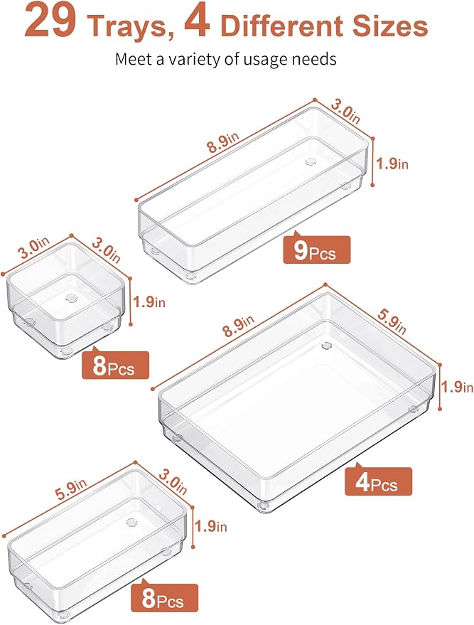 SMARTAKE 29 PCS Drawer Organizer, 4-Size Desk Bathroom Drawer Organizer | 4-Size Storage Tray with Non-Slip Silicone Pads for Makeup, Jewelries, Utensils in Bedroom Dresser, Office and Kitchen Clear - Image 2