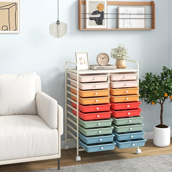 Giantex 20 Drawers Rolling Cart, Mobile Storage Drawer Cart, Classroom Organizer Cart for Office School Supplies Teacher Tools Scrapbook Paper Craft Small Printer, Utility Cart on Wheels, Macaron - Image 2