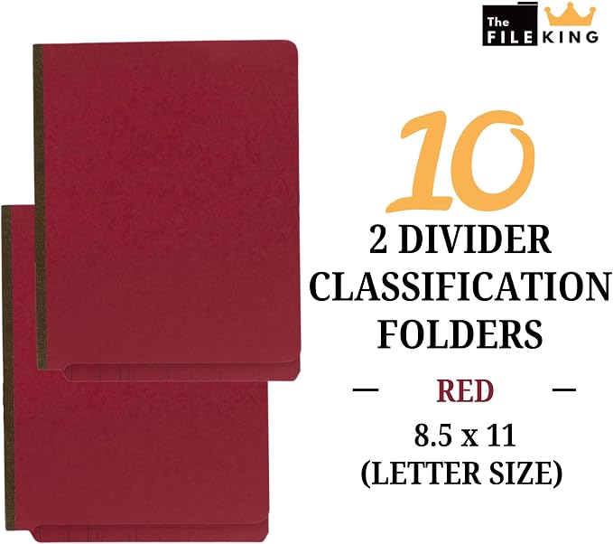 The File King Two Divider Pressboard Classification Red File Folder - Letter Size | Box of 10 | End Tab | 2” Expansion | Six 2-Inch Fastener Prongs | Made in America - Image 2