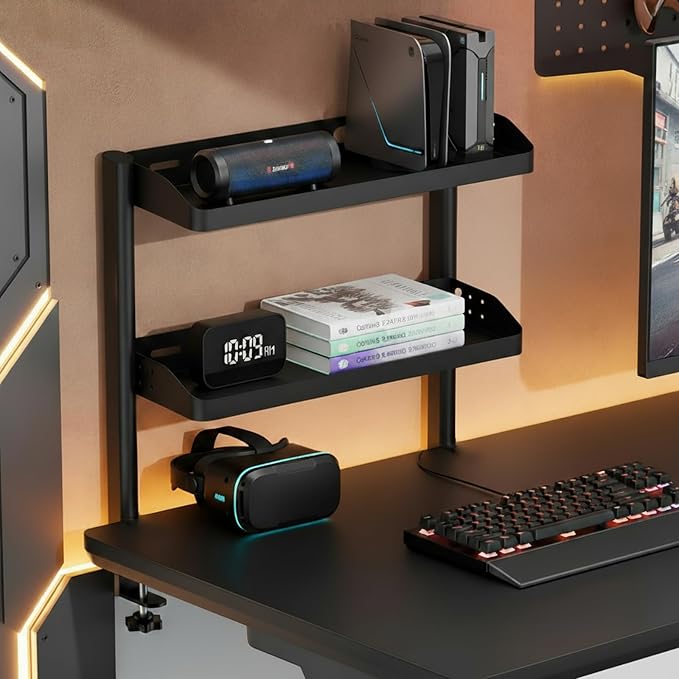 Clamp on Desk Shelf, 17in 2-Tier Office Desk Shelves Organizer, Small Shelf for Top of Desk with Headphone Holder and Hooks, Desktop Storage Rack for Home Workspace, Study Rooms, Gaming Accessories - Image 5