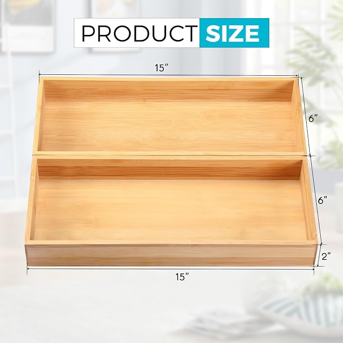 Fabsome Kitchen Utensil Drawer Organizer, Bamboo Silverware Cutlery Flatware Organizer Bins, Wooden Container Storage Trays for Bathroom Vanity Junk Drawer, 15" x 6" Set of 2 - Image 4