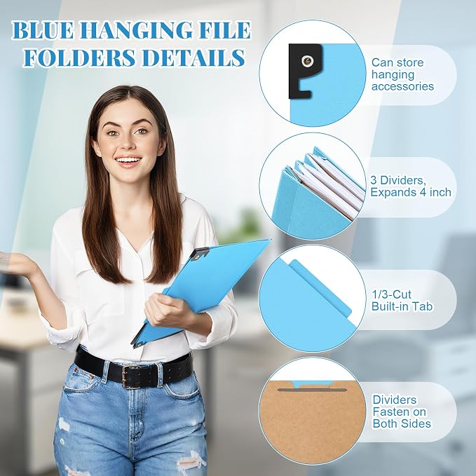 Henoyso 15 Pcs Hanging Pressboard Classification Folders with 4 Hangers, 3 Divider/ 8 Section, Letter Size, 8 Fasteners, 4 Inch Expansion, 1/3-cut Tab File Folder for Office School Medical(Light Blue) - Image 3