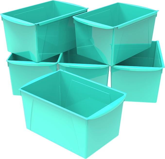 Storex Extra-Large Book Bin, Interlocking Plastic Organizer for Home, Office and Classroom, Teal, 6-Pack (71134U06C) by Storex