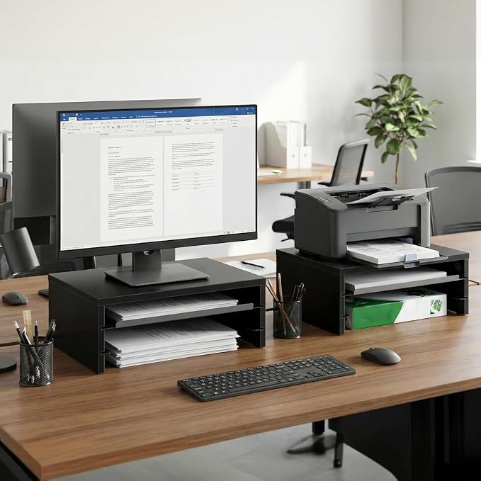 Fenge 14.3-Inch Monitor Stand with Slide-Out Trays, Wood & Metal Desk Shelf | 3-Tier Space-Saving Desk Storage Organizer, Fits Computer, Laptop, Printer and Telephone - Image 7