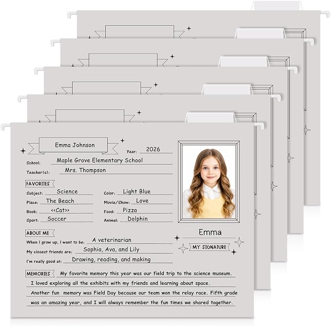 Glenmal 25 Pack School Years Memory File Folders Memory Pages Letter Hanging Files School Keepsake Organizer Questionnaire for Kids K-12 Student Info Record Personal Growth Tracking(Grey) by Glenmal