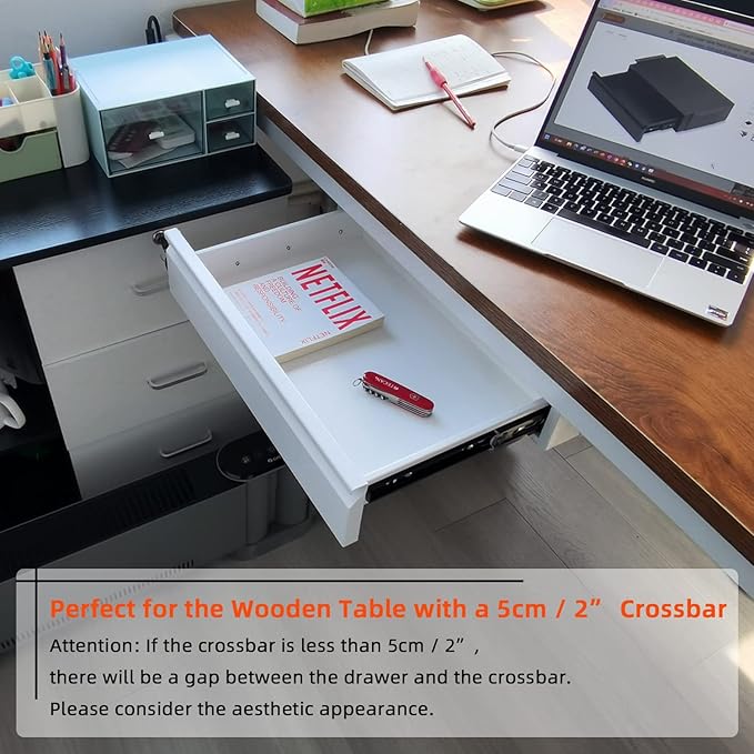 Under Desk Drawer 18”, Under Workbench Tool Storage Hanging Drawers | White Tall, Under Counter Shelf Pencil Drawer, Slide Pull Out Shop Drawer Base, Under Desk Lip with Crossbar Storage Drawer - Image 7