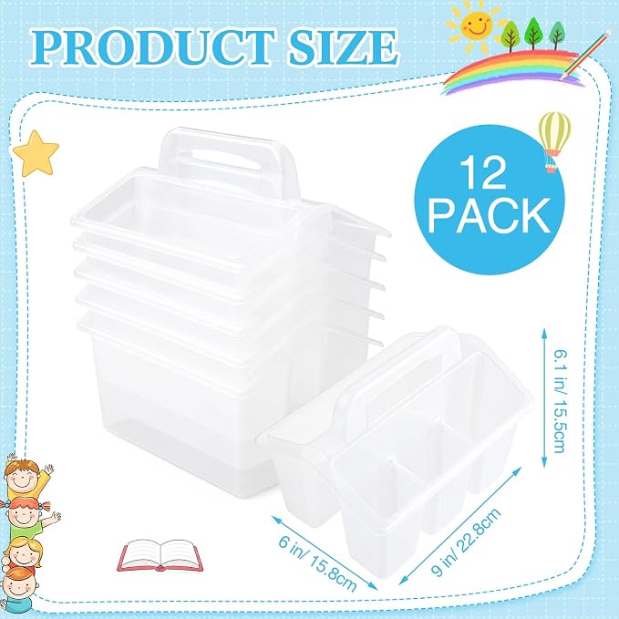 WILLBOND 12 Pcs Classroom Storage Caddies Stackable Utility Caddies with 4 Compartment Plastic Caddy with Handle Portable Storage Bins Organizers for Kids Schools Art Craft Supplies (Clear) - Image 3