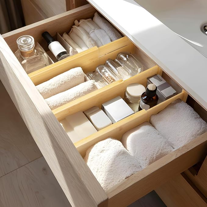 VaeFae 6 Pack Bamboo Drawer Dividers, 4" High Adjustable 16.6" - 21.8" Clothes Drawer Organizers, Expandable Separators for Bedroom/Bathroom/Kitchen/Office Storage - Image 8