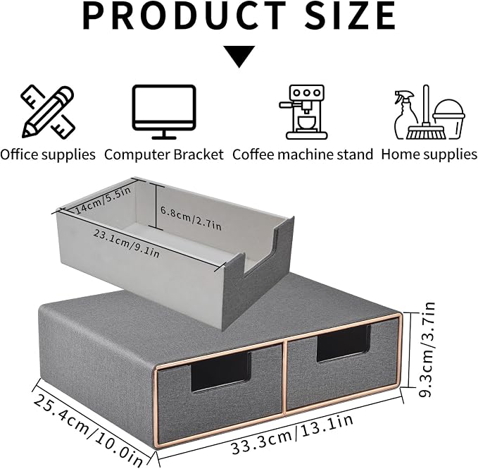 Pu Leather Stackable Desk Drawer Organizer,2-Drawers Desk Caddy for Office Bathroom Bedside Table Dressing Table,Grey - Image 3