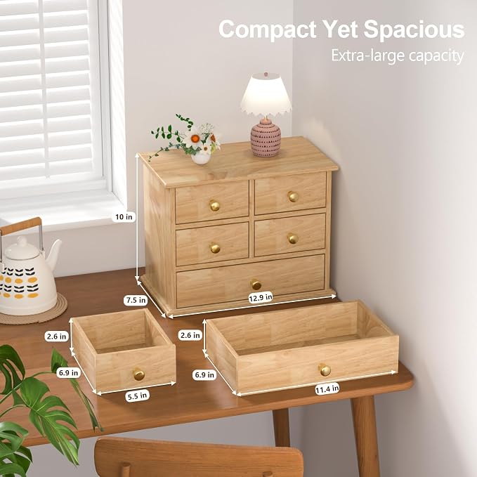 Oak Desk Organizer with Drawers, Durable Wooden Desktop Storage Box | 5 Drawer Tabletop Organizer with Metal Handles & Non-Slip Pads for Office, Bedroom, Bathroom, Vanity, Makeup Storage, Natural - Image 2