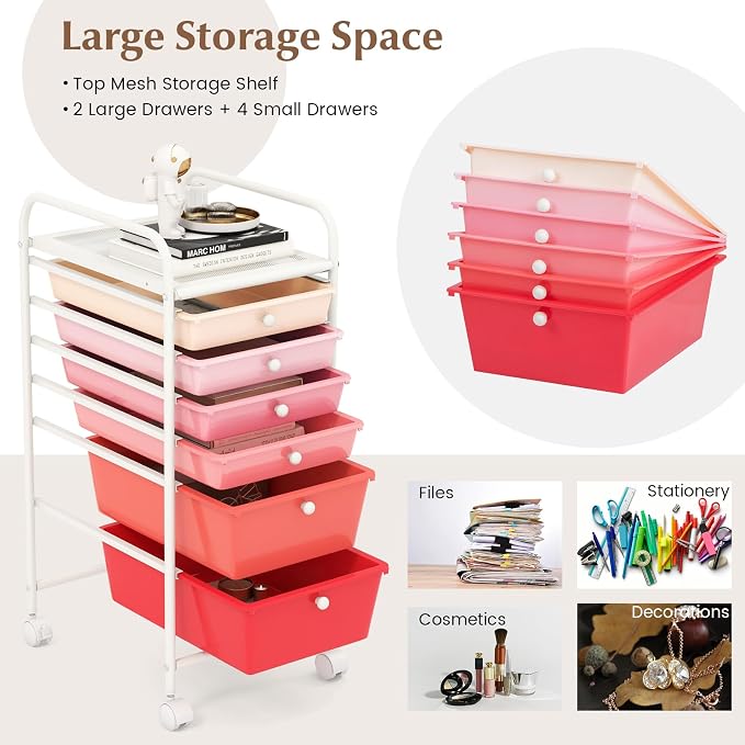 COSTWAY 6-Drawer Rolling Storage Cart, Art Craft Tools Organizer on Wheels | Multifunctional Heavy Duty Utility Mobile Storage Trolley w/ 2 Lockable Wheels for Home Office School (Mixed Pink) - Image 5