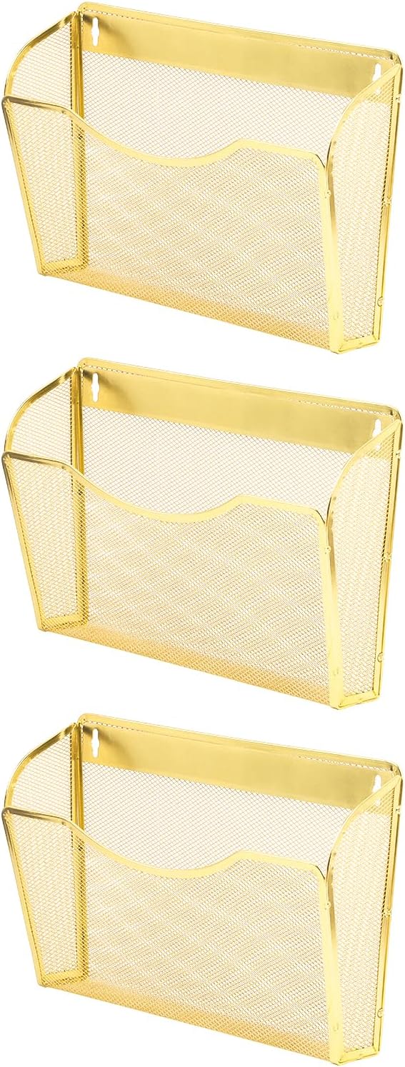 3 Single Pocket Mesh Hanging File Organizer, Vertical Wall Mounted Magazine File Holder, Mount Basket Mail Paper Document Folder Organizing for Office, Home and School, Gold by EASEPRES
