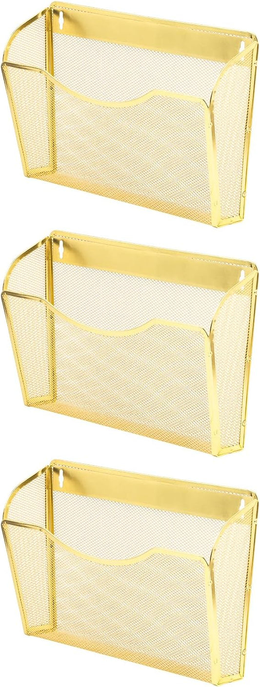 3 Single Pocket Mesh Hanging File Organizer, Vertical Wall Mounted Magazine File Holder, Mount Basket Mail Paper Document Folder Organizing for Office, Home and School, Gold by EASEPRES