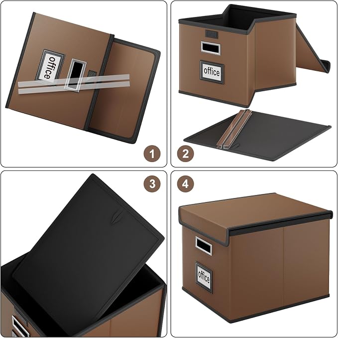 File Organizer Box with Lids, Collapsible File Folder Organizer | File Box with Plastic Slides for Document, Filing Bin for Letter Size Hanging File Folders (4 Pack, Brown, Leather) - Image 7
