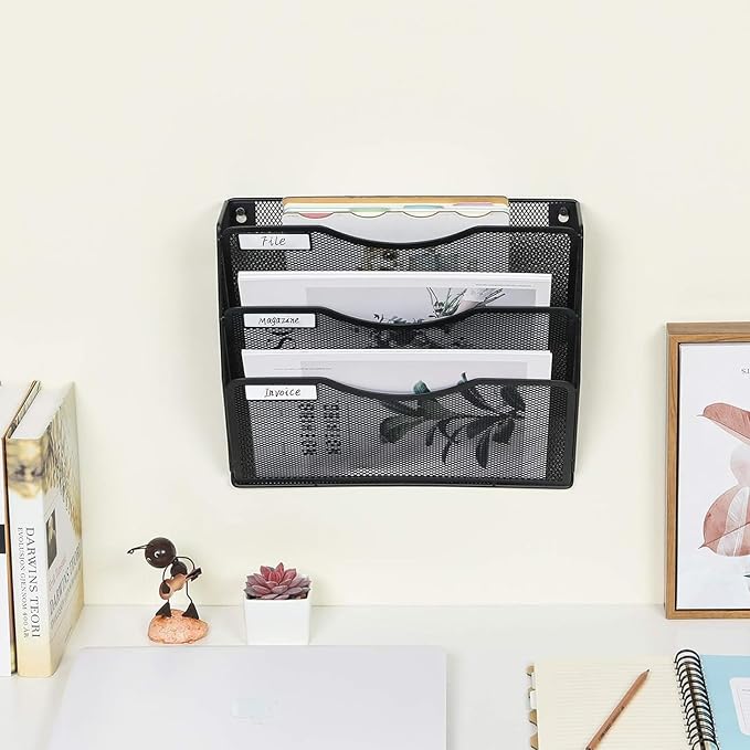 ASelected 3 Tier Wall File Holder Organiser,Paper Magazine Storage Rack Holde, Mesh Wall Mounted Holder Metal Hanging Wall Files Mail Document Holder for Office and home, Black - Image 6