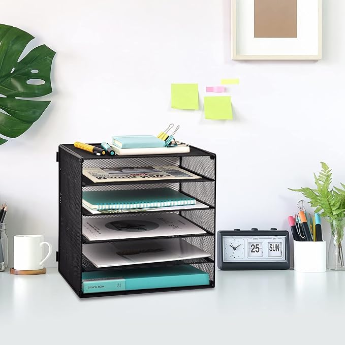 5 Slot Mesh Desk Organizer Tray, File Paper Letter Folder Holder Desktop Paper Sorter Mail Organization Rack Storage Accessories, for Office Home School Classroom, Black - Image 6
