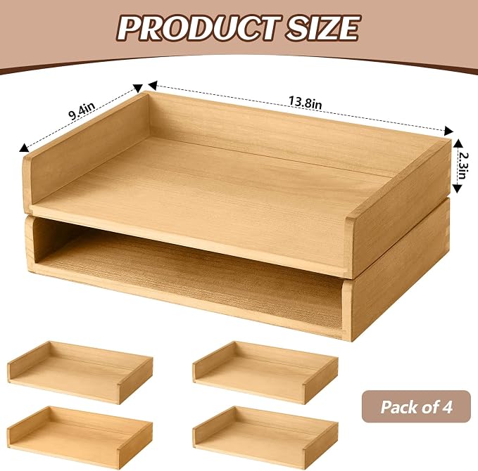 Yeaqee 4 Pcs Stackable Paper Organizer Tray Wood Desk Organizer Letter Tray Desktop Letter Size Office Wooden Desk Shelf Paper Holder Folder Organization Rack for Mail File Document(Light Wood Color) - Image 2