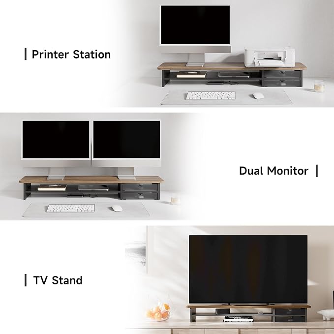 Fenge Monitor Stand, Desk Computer Riser with Frosted Storage Drawer, Brown | 42.5 Inch Dual Monitor Riser, 2 Tiers, Cable Management, Desk Shelf for 2 Monitors, Ultrawide Screen, Laptop, TV, Home Office - Image 8