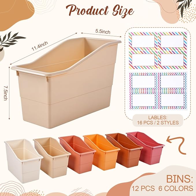Blosssound 12 Set Book Bins for Classroom with Label Sticker Book Box Baskets Plastic Stackable Organizing Bins Storage & Organization for Classroom Library Home School Supplies (Earth Tones) - Image 2