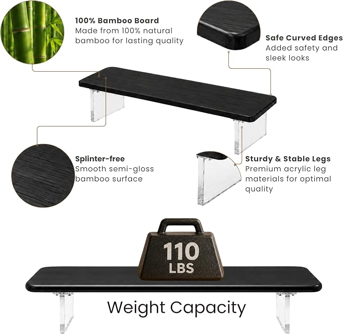 Bamboo Monitor Riser, Wide Desktop Monitor Stand for Desk with Clear Acrylic Legs, 31.5 x 8 inch Bamboo Wood Shelf, Fit Keyboard, Home Office Workspace Accessories,Study Stationaries Storage (Black) - Image 4