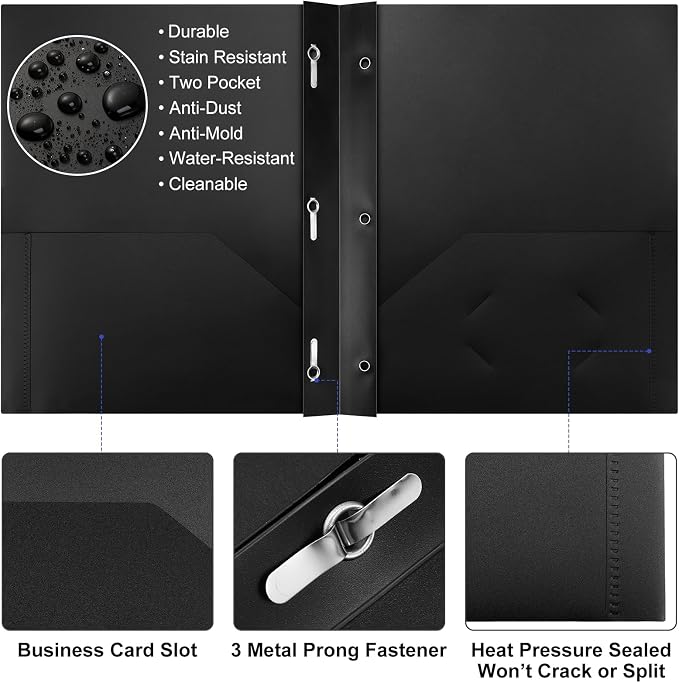 Cholemy 72 Packs Pocket Folders with Prongs Heavy Duty Plastic Folder with Business Card Slot 3 Prong Fasteners for School Office (Black,Blue) - Image 3