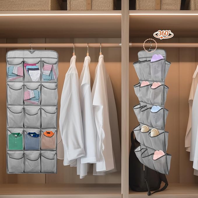 3Pcs 30 Large Pockets Dual Sided Hanging Shoe Organizer Double-Side Closet Storage Shelves with Rotating Hanger Space Saving Storage Bag Portable Shoe Rack Holder for Bedroom Laundry Room,Gray - Image 2
