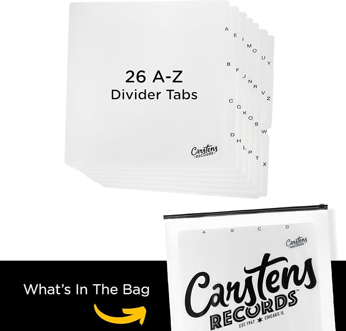 Carstens Records Heavy Duty Vinyl Album Dividers A-Z | Single Sided Printing | 12" LP Organizers with Tabs | Pack of 26 White | Made in The USA | for Side Browsing - Image 4