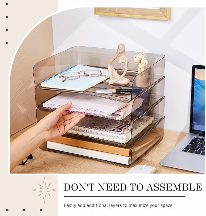 Harloon 4 Tier Clear Gray Acrylic Paper Organizer Letter Tray, Aesthetic Stackable Desk File Organizer Holder Office Tray for A4, Modern Home Office File Pad Books Notes, 13 x 9.8 x 3 Inches - Image 3
