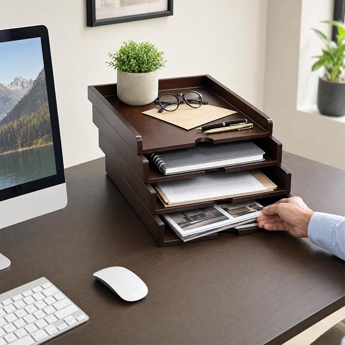 Solid Wood Stackable Letter Tray, 4-Tier Desk File Organizer for A4 Paper | letter tray for files, mail, bills & documents. walnut finish desktop organizer for home office workspace declutter. - Image 2