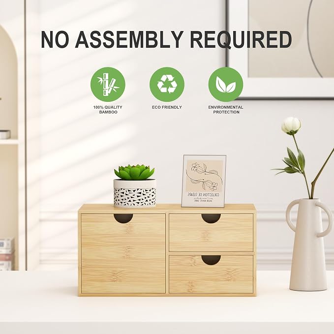Bamboo Desk Organizer with Drawers, Desktop Storage Box for Office Supplies | 3 Drawers Desktop organizer, No Assembly Required, Natural Wood Wooden Desktop Drawers for Bills, Cosmetics, Seals, Paper - Image 6