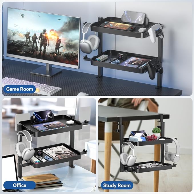 KDD Clamp On Desk Organizer - Adjustable 2-Tier Above or Under Desk Shelves with Large Capacity Tray, Phone & Tablet Holder, Headphone Hook - No Drilling Desktop Storage for Office & Home Accessories - Image 8