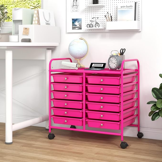 GOFLAME 12-Drawer Rolling Storage Cart, Multifunctional Art Craft Organizer Cart, Mobile Utility Storage Cart with Removable Drawers & Lockable Wheels, Craft Cart for Home Office School, Hot Pink - Image 4