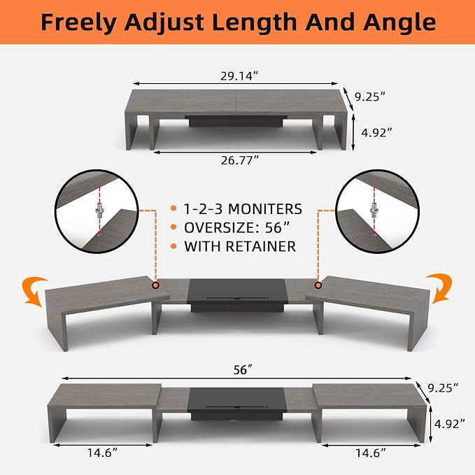 WESTREE Triple Dual Monitor Stand Riser, 56" Extra Long Monitor Stand for 1~2~3 Monitors, Monitor Stand with Length and Angle Adjustable, 3 Shelf Desktop Organizer Riser for Monitor Computer Laptop - Image 6